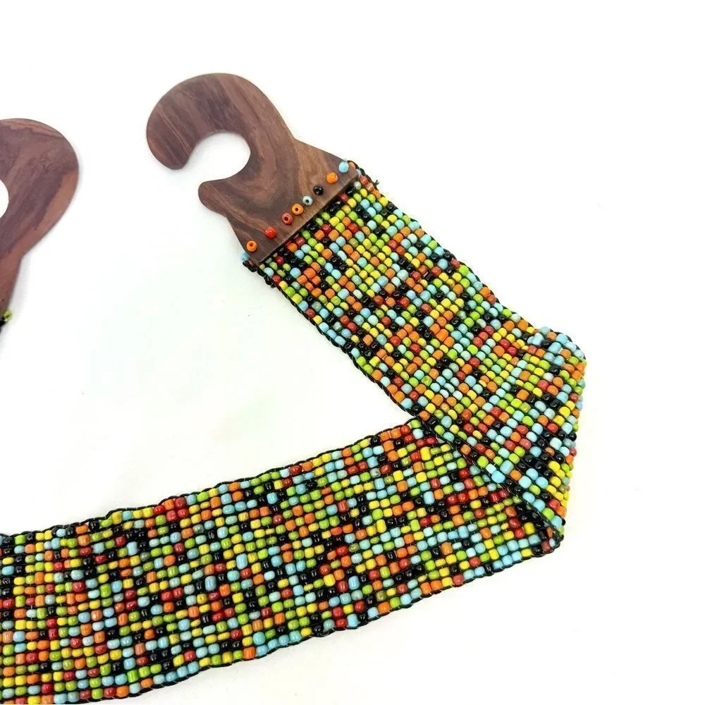 Colorful Seed Bead Wood Clasp Buckle Boho Festival Ethnic Tribal Stretch Belt
